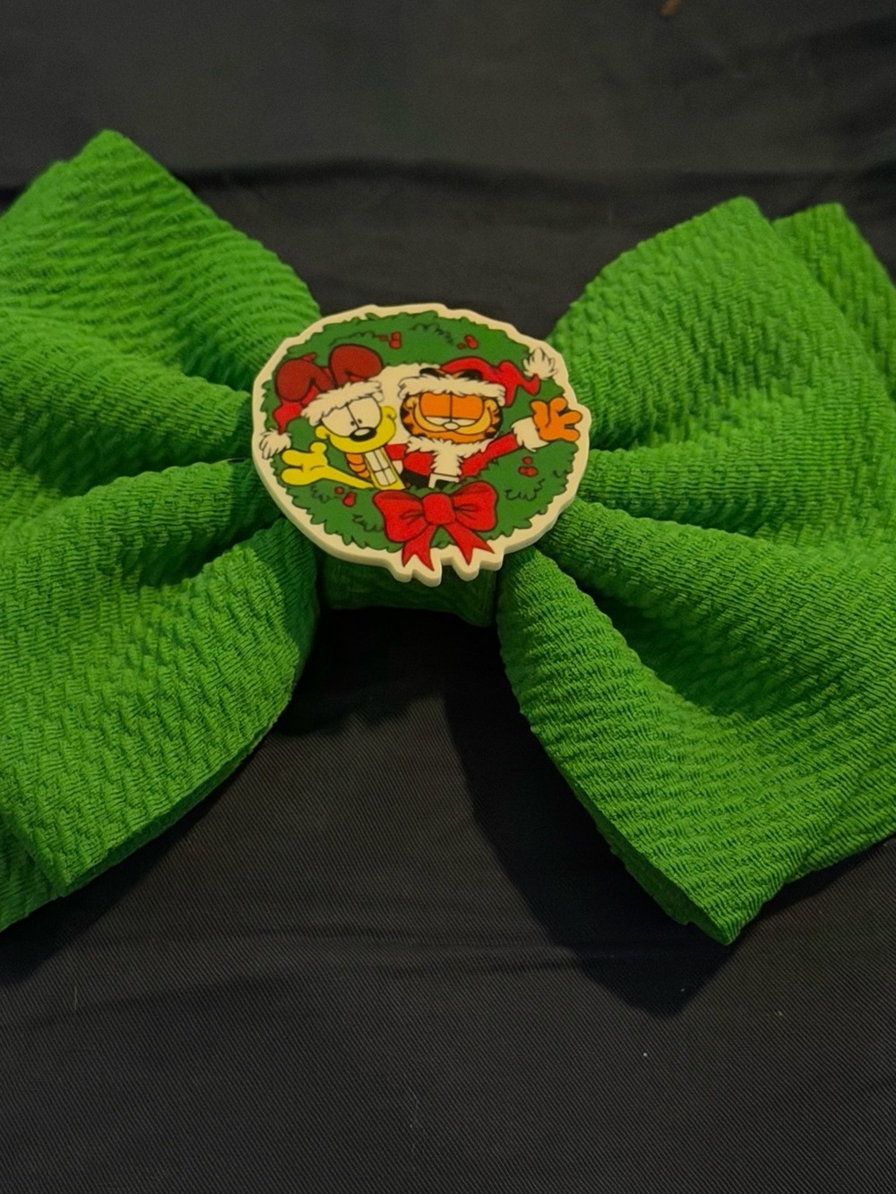 Green Holiday Bow Hair Clip with Garfield Medallion